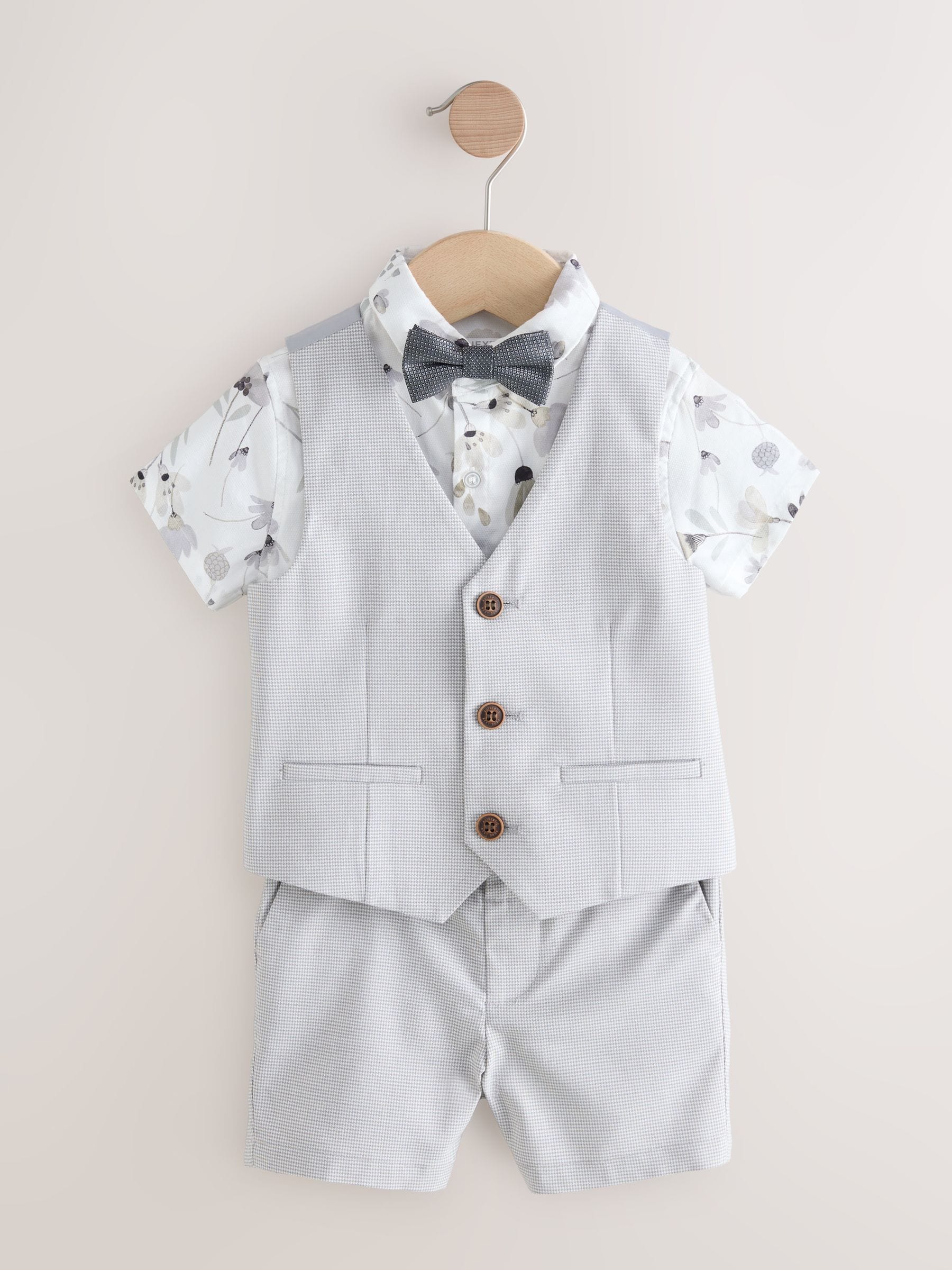 Grijs puppytooth - Set met gilet, overhemd, shorts en vlinderdas (3mnd-9jr)