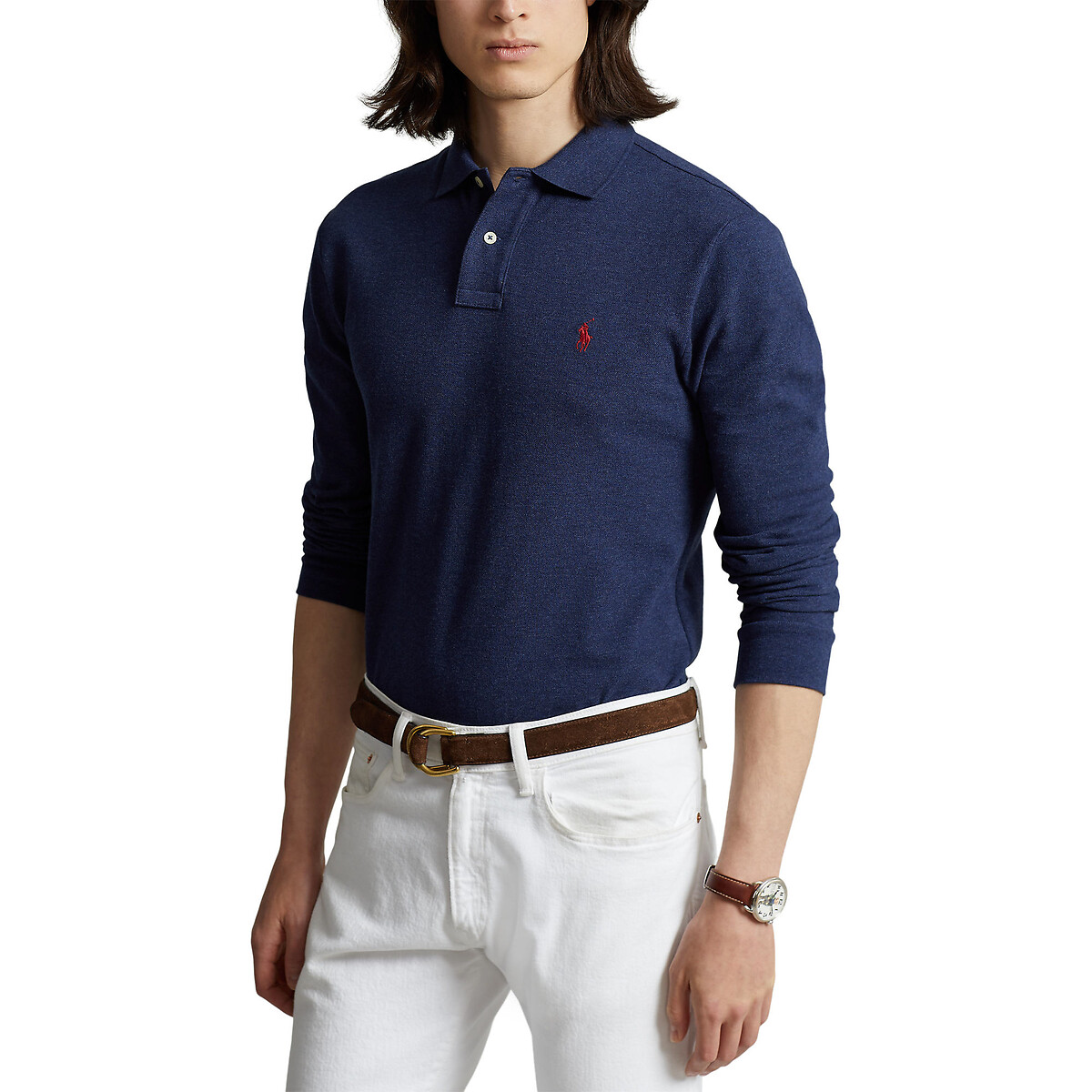 POLO RALPH LAUREN<br>Polo de manga comprida com corte justo em piqué