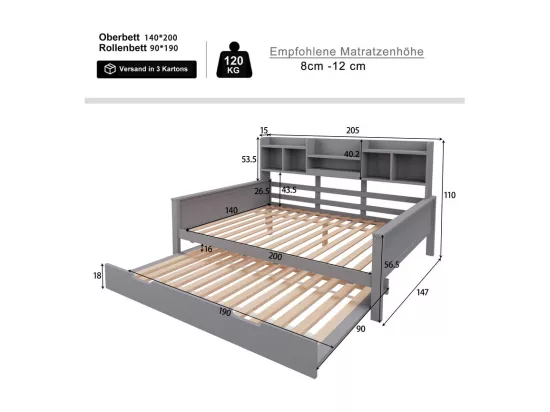 Canapé-lit gigogne 140x200 cm - Lit gigogne 90x190 cm - avec rangement - sommier à lattes - pin multi - gris (matelas non inclus)