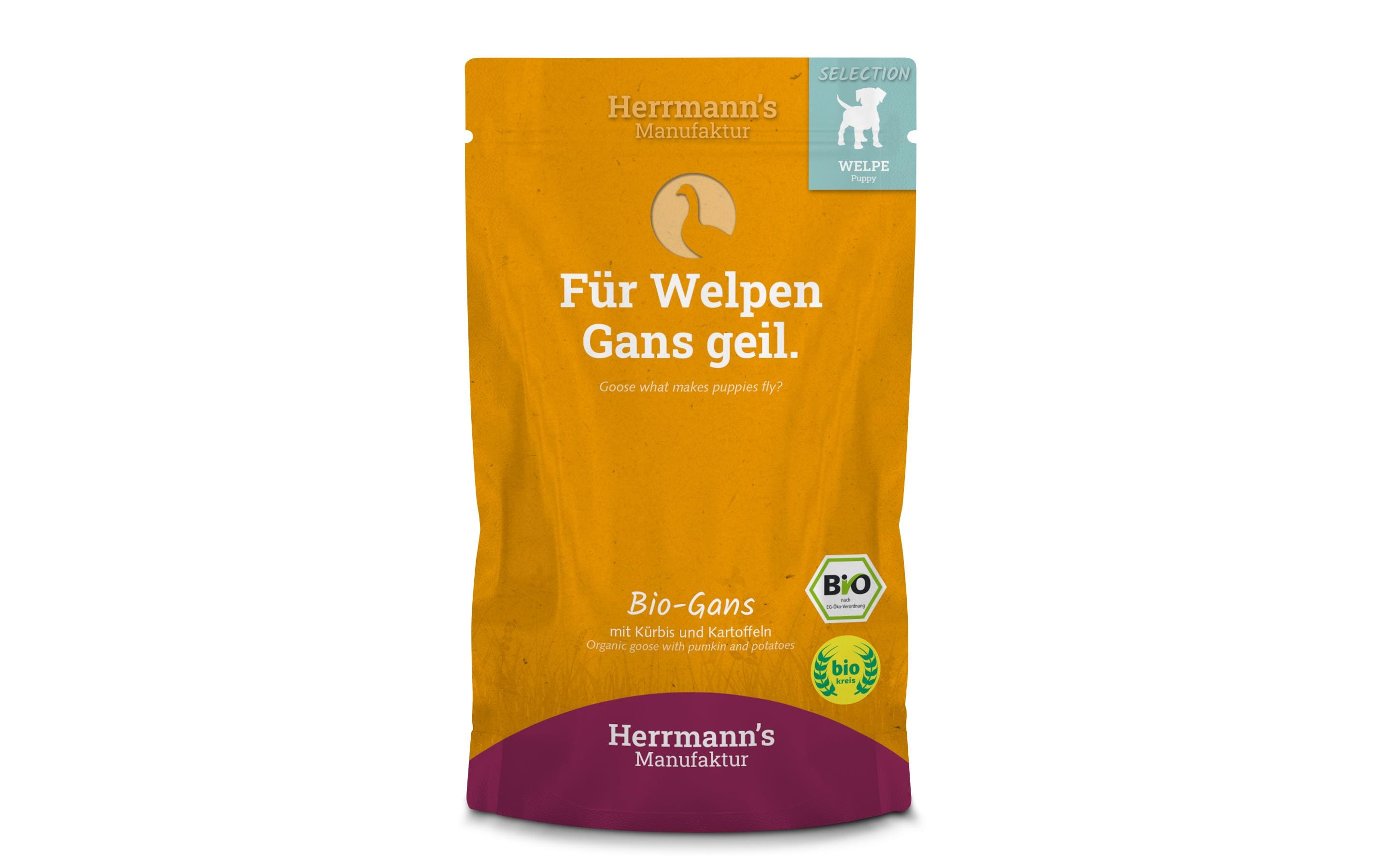 Nassfutter Welpe Bio Gans mit Spinat und Kartoffeln,15x150gErgänzungsnahrung für Welpen
