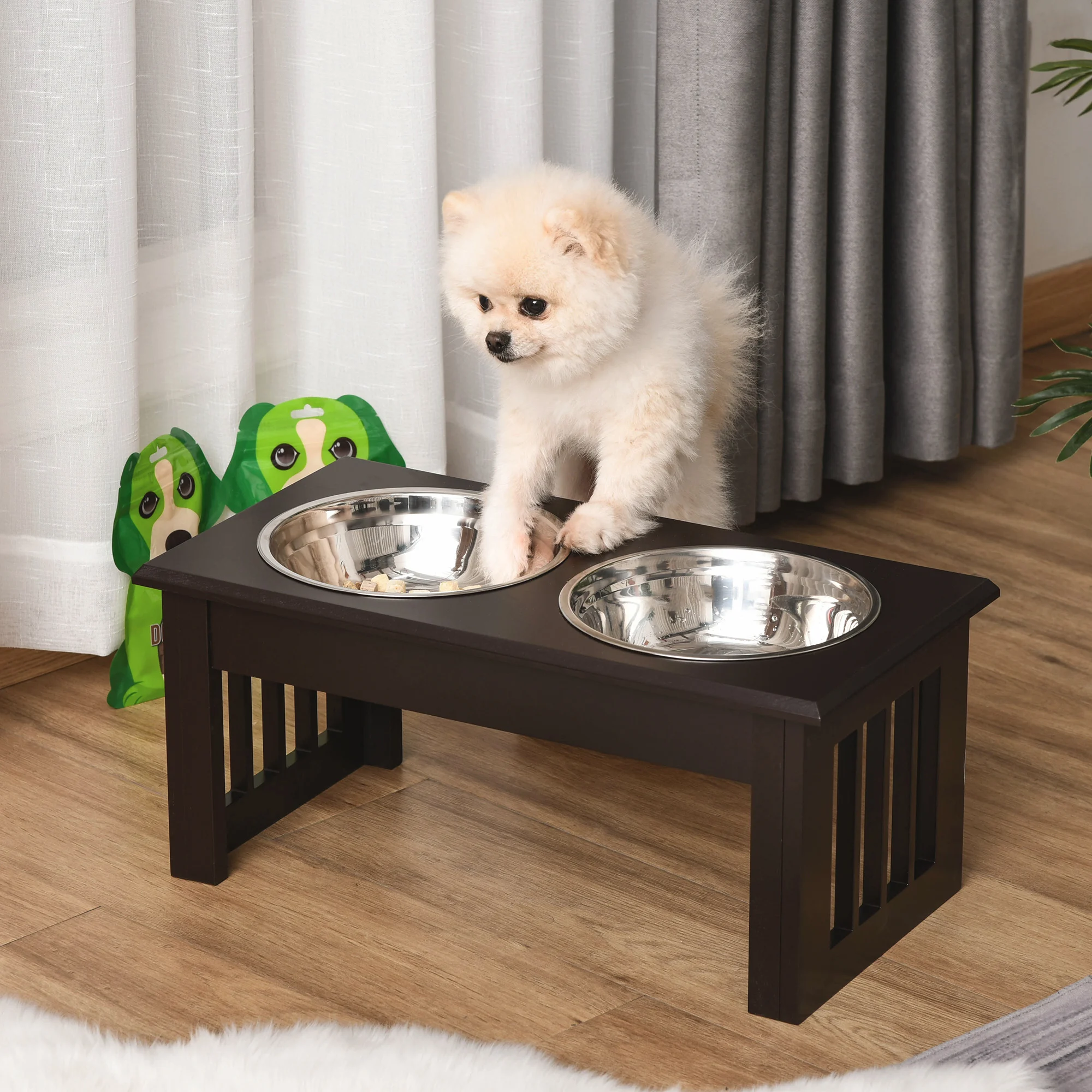 Comedouro elevado PawHut para cães com suporte e 2 tigelas removíveis de aço inoxidável, para ração e água, 44x24x15 cm, marrom