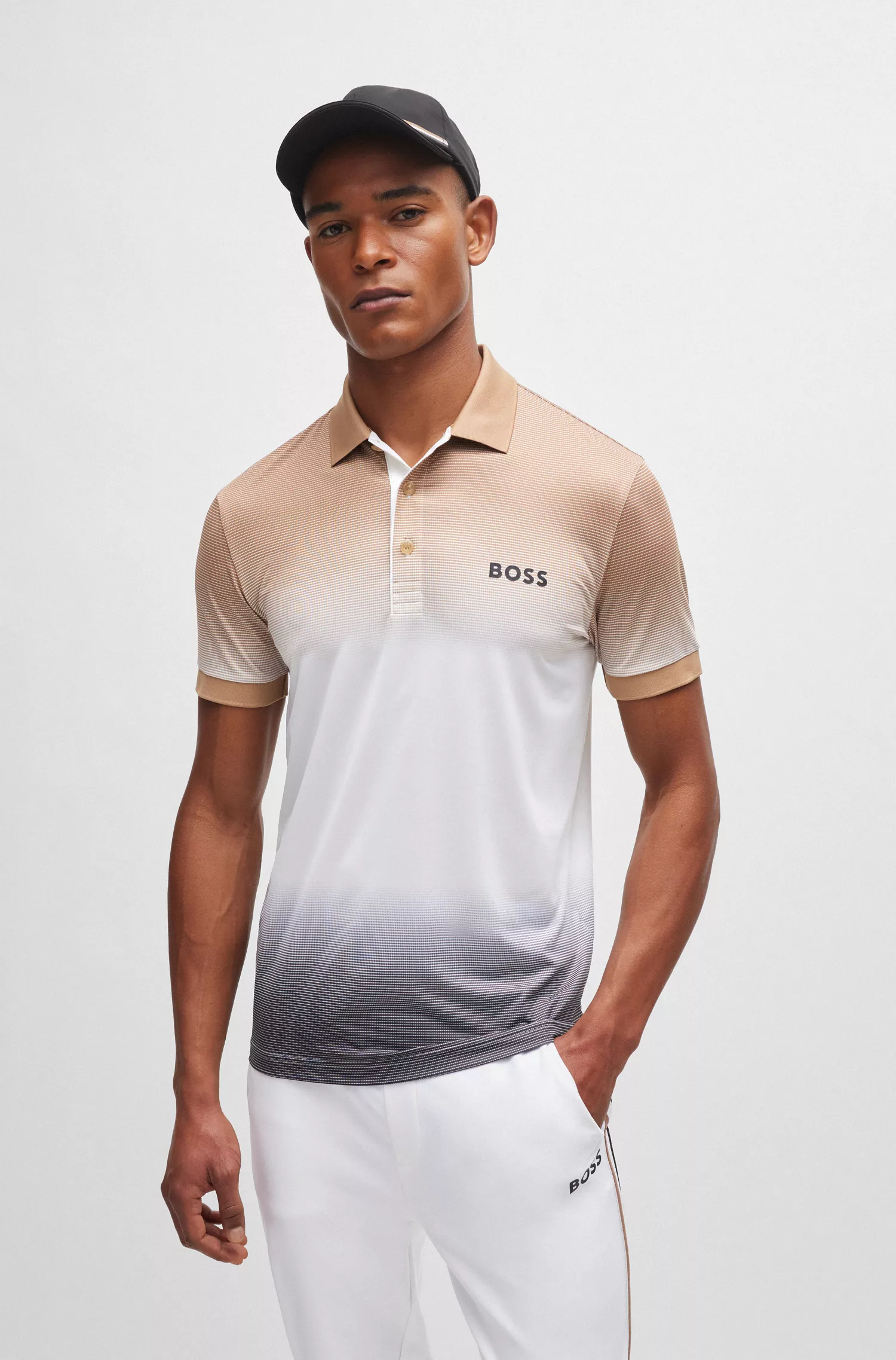 Camisa polo BOSS verde em malha elástica com listras degradê