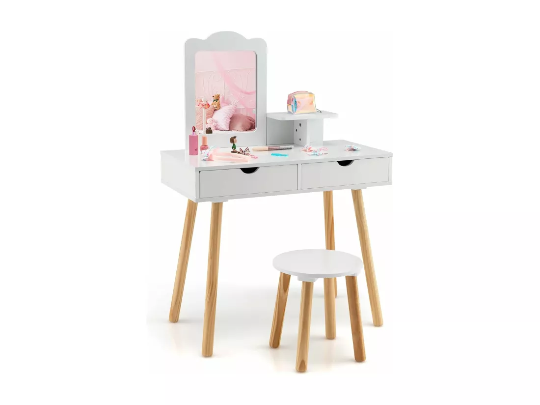 Coiffeuse 2 en 1 pour Enfants avec Tabouret Mignon, Table de Maquillage en Bois pour Enfants avec Miroir Rectangulaire et 2 Grands Tiroirs, Cadeau De Noël/Anniversaire Parfait, Blanc