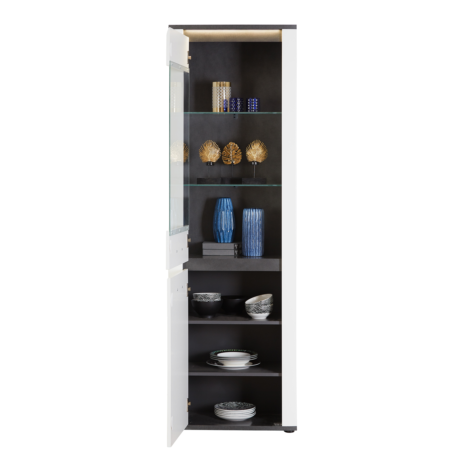Luca Bessoni Standvitrine ALASSIO - weiß Hochglanz - Matera dunkel - 62 cm