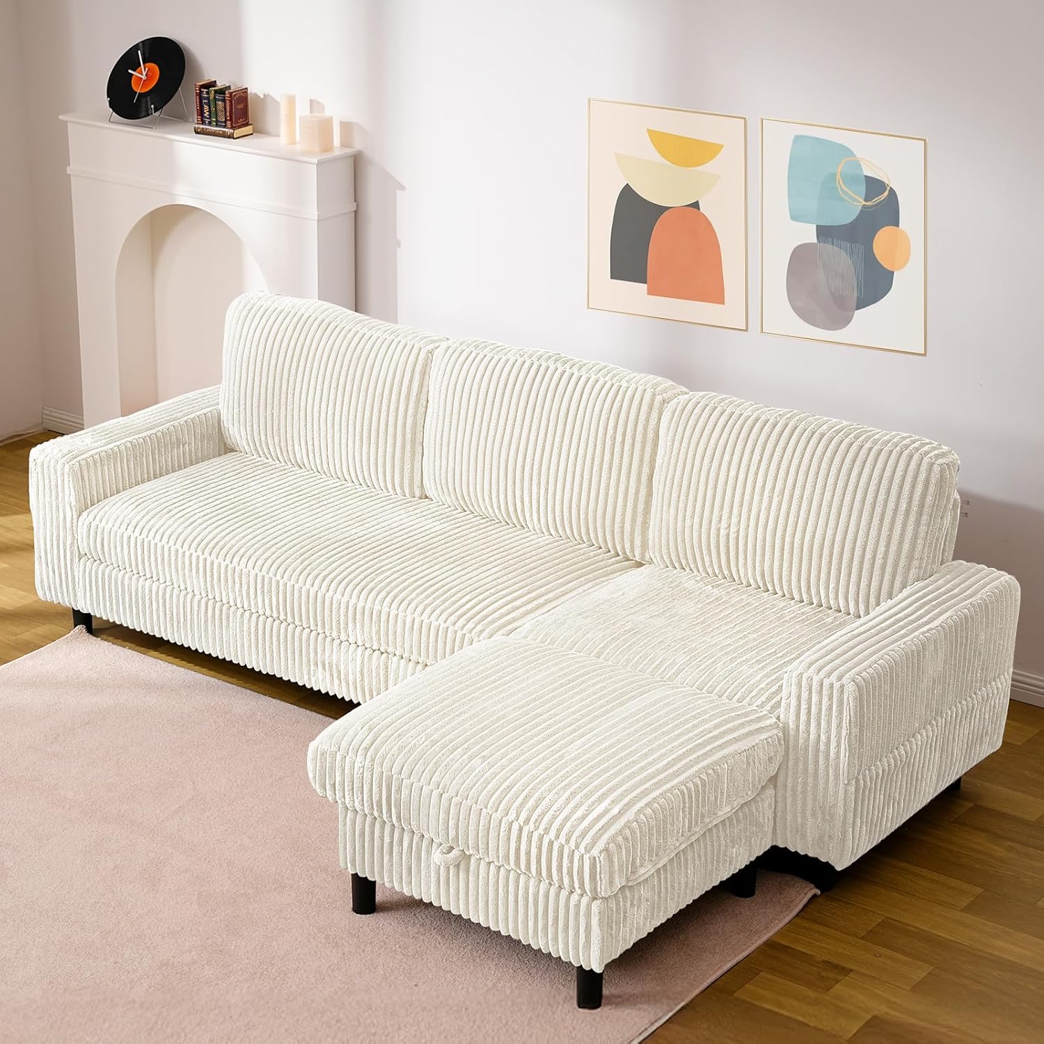 200cm Sofa 3 Sitzer L Form mit Verstellbarer Aufbewahrungs-Hocker, Ecksofa mit Schlaffunktion, Modulares Sofa, Cordcouch, Holzrahmen, tiefer Sitz, Ideal für Wohnzimmer, Beige | Aufbewahrungspedal