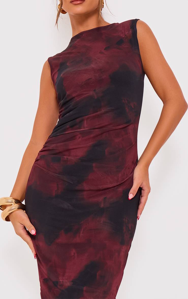 Rouge Bordeaux Robe Longue Moulante En Mesh À Imprimé Floral