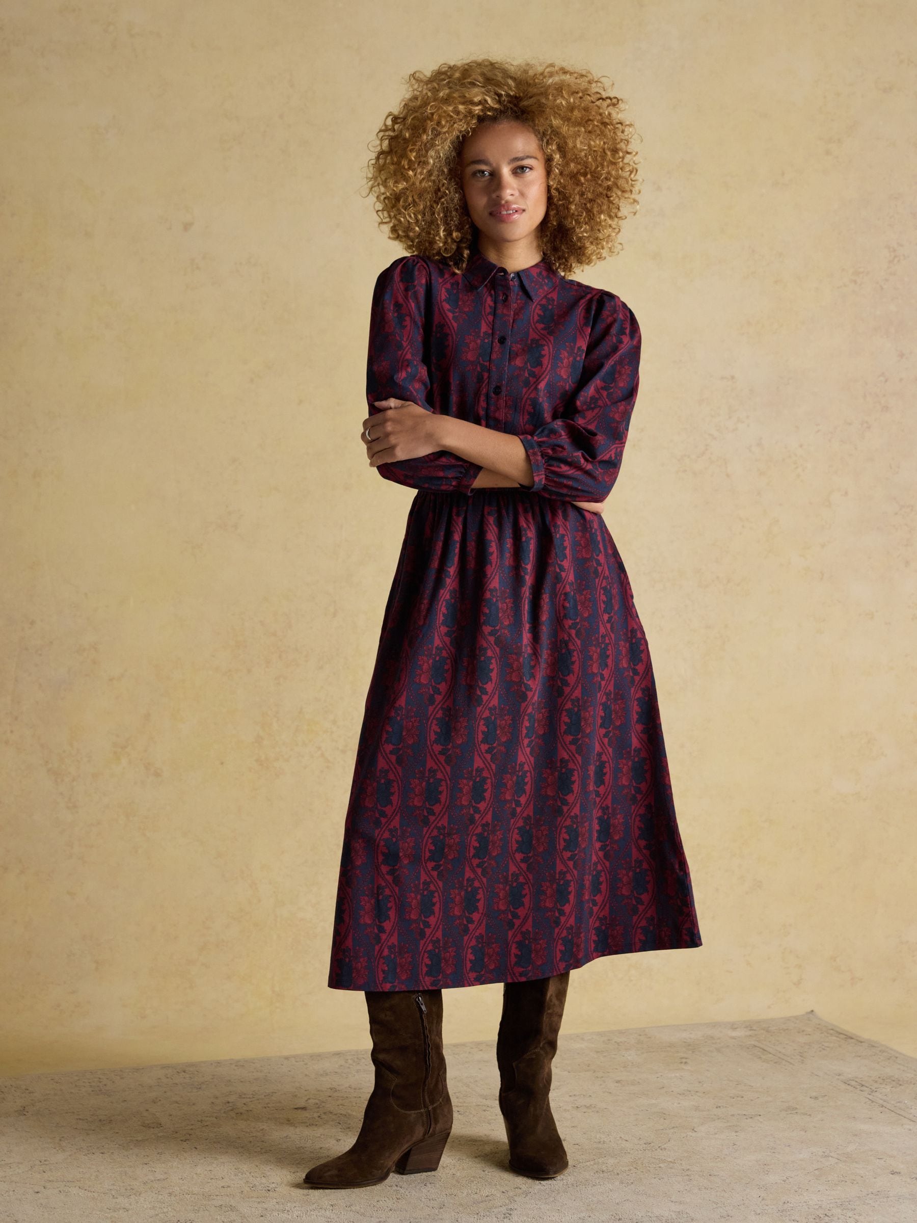 Bordeauxrood - Joules Hazel Jersey Midi Long Sleeve Shirt Dress with Collar