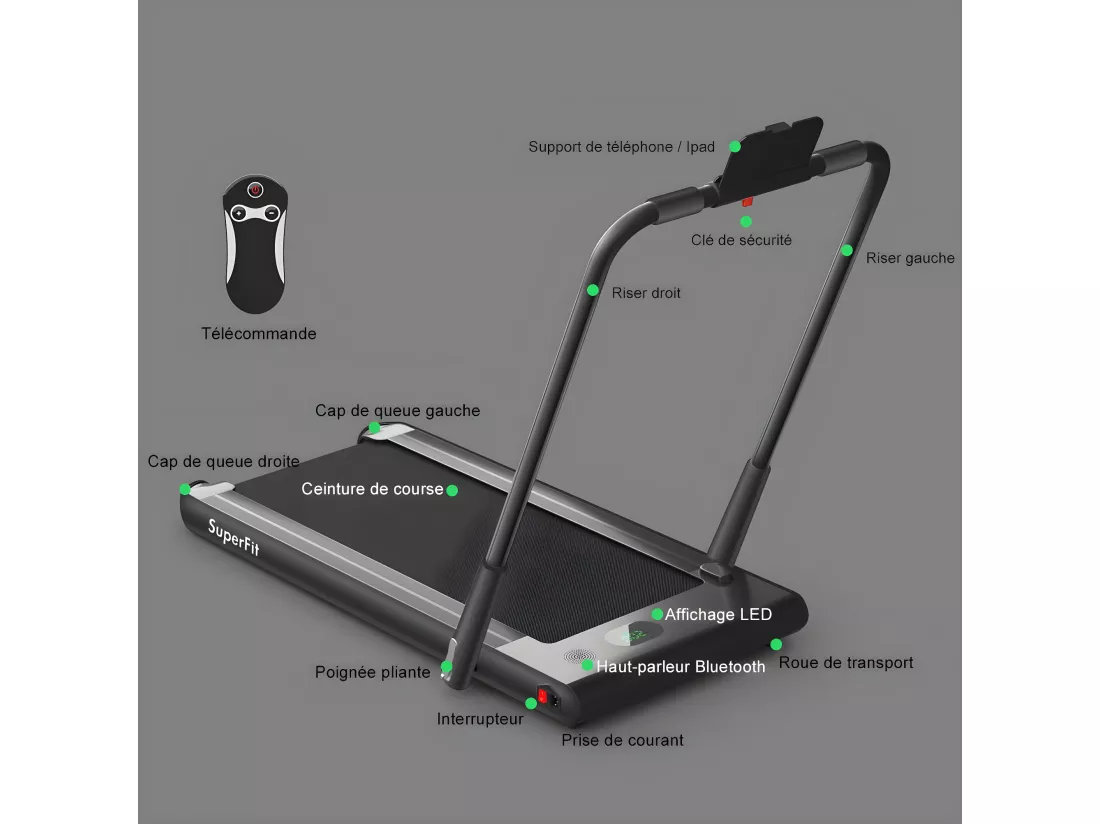 Tapis de Course Electrique Pliable 2 en 1 Contrôlé par APP 12 Km/H avec Ecran LED Haut-parleur Bluetooth Moteur 0,75HP