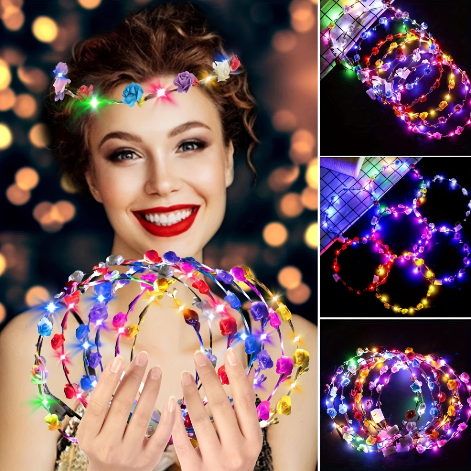 (19er Set) LED Haar Blumenkranz Fasnacht Kostüm Zubehör Motto Party Leucht Stirnband Halloween Foto Requisite mit 3 Modi (Batteriebetrieben) - Bunt