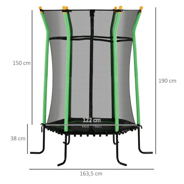 Barnetrampolin Ø163,5 cm, innendørs trampoline med sikkerhetsnett kantdeksel gummitau, barn trampoline inntil 50 kg, for barn 3-10 år grønn