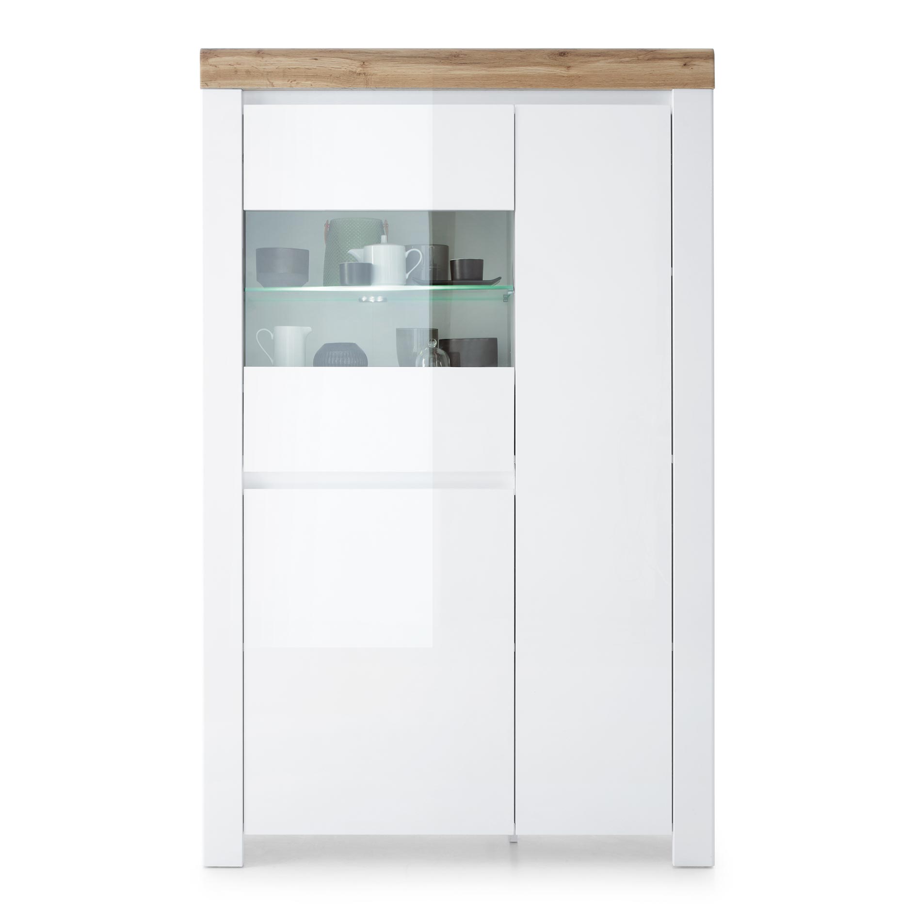 Highboardvitrine - weiß Hochglanz-Wotan Eiche - 157 cm hoch