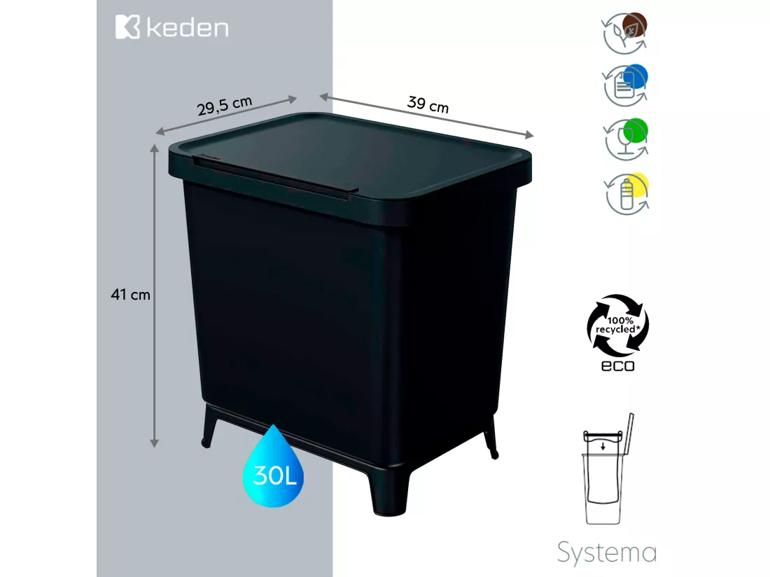 Système de recyclage 30L en noir Keden 39x29x41