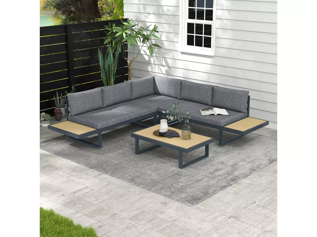 Salon de jardin d'angle 5 places avec table basse coussins alu gris aspect bois