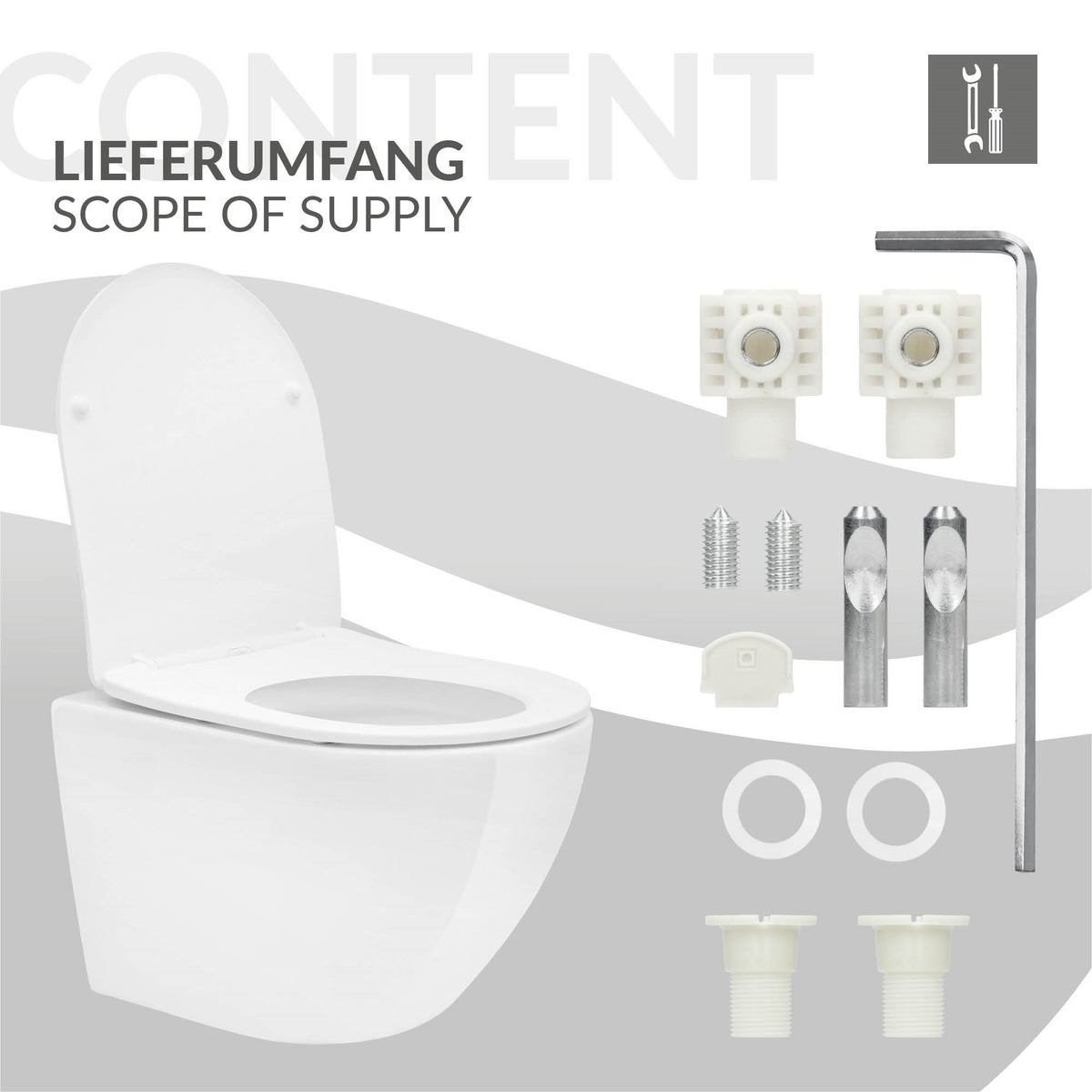 ECD Germany Randloos wandcloset, kort 49 cm, glanzend wit, keramisch toilet met antibacterieel oppervlak, verwijderbare Duroplast toiletbril met softclose-mechanisme, diepspoel wandcloset