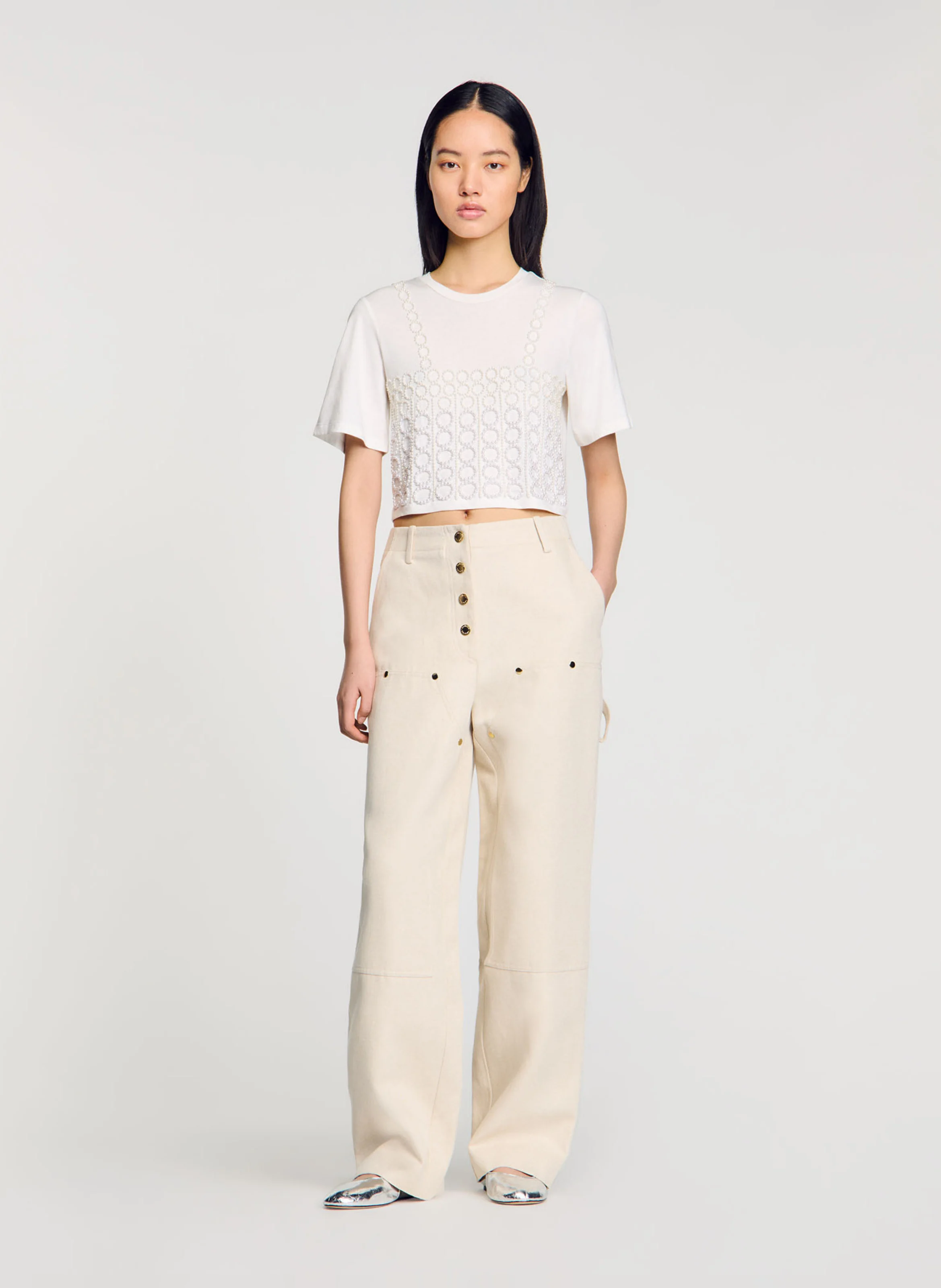 Tee-shirt court à broderies perles | Blanc