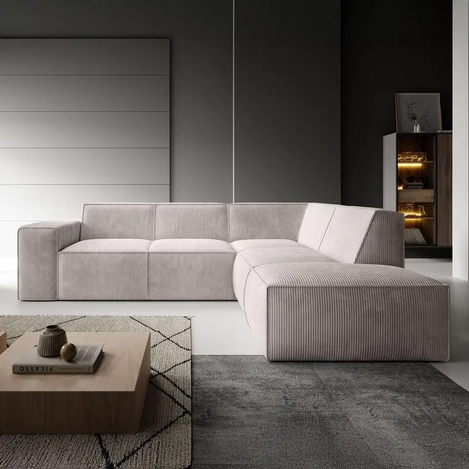 Meubella - Hoekbank Monet - Beige - Ribstof - Rechts