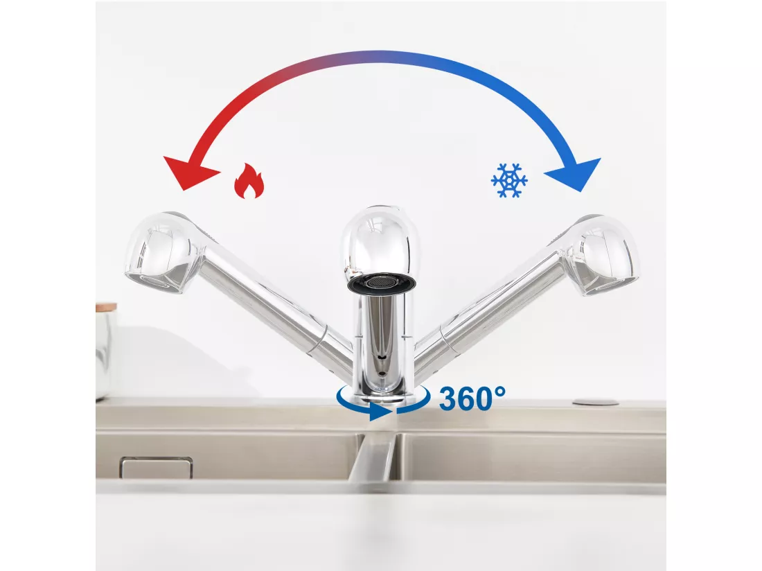 Mitigeur de Cuisine ,Chromé Extractible,Robinet Cuisine avec Douchette, Mitigeur Evier Bec Bas, Robinet d'Évier Rotatif 360°,Eau Froide/Chaude