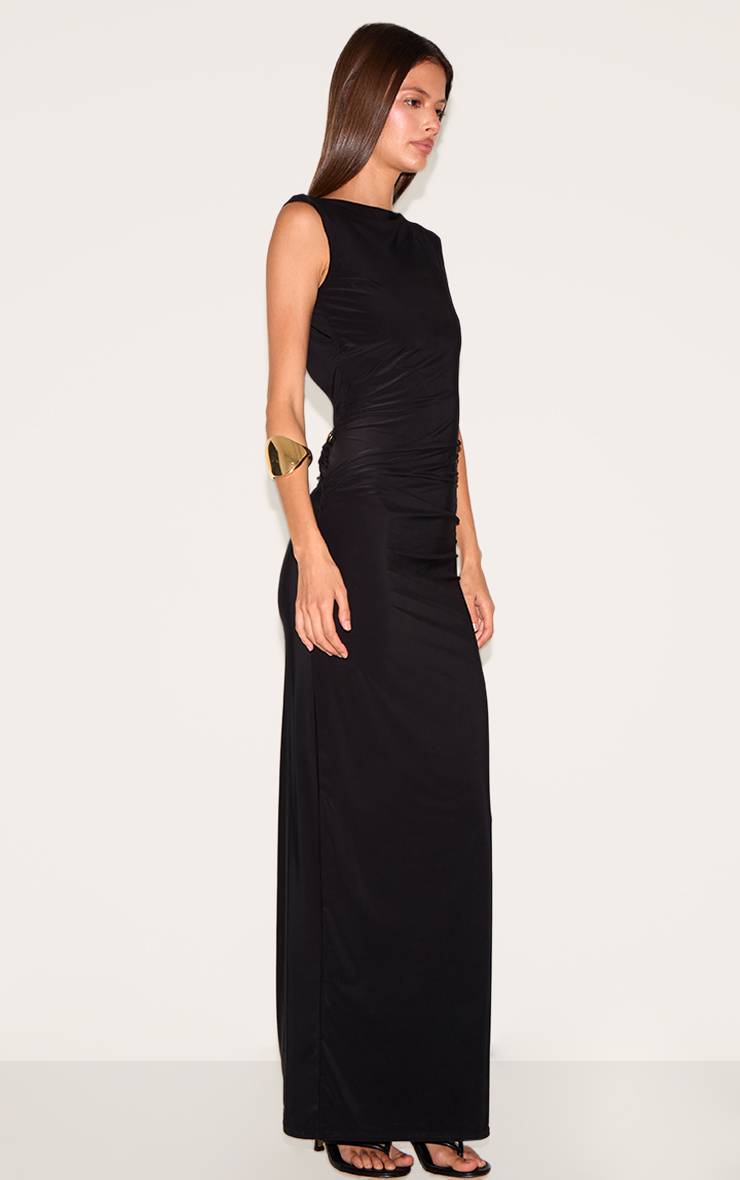 Noir Robe Longue Moulante À Double Couche En Tissu Slinky Avec Dos Échancré Et Détails De Finition