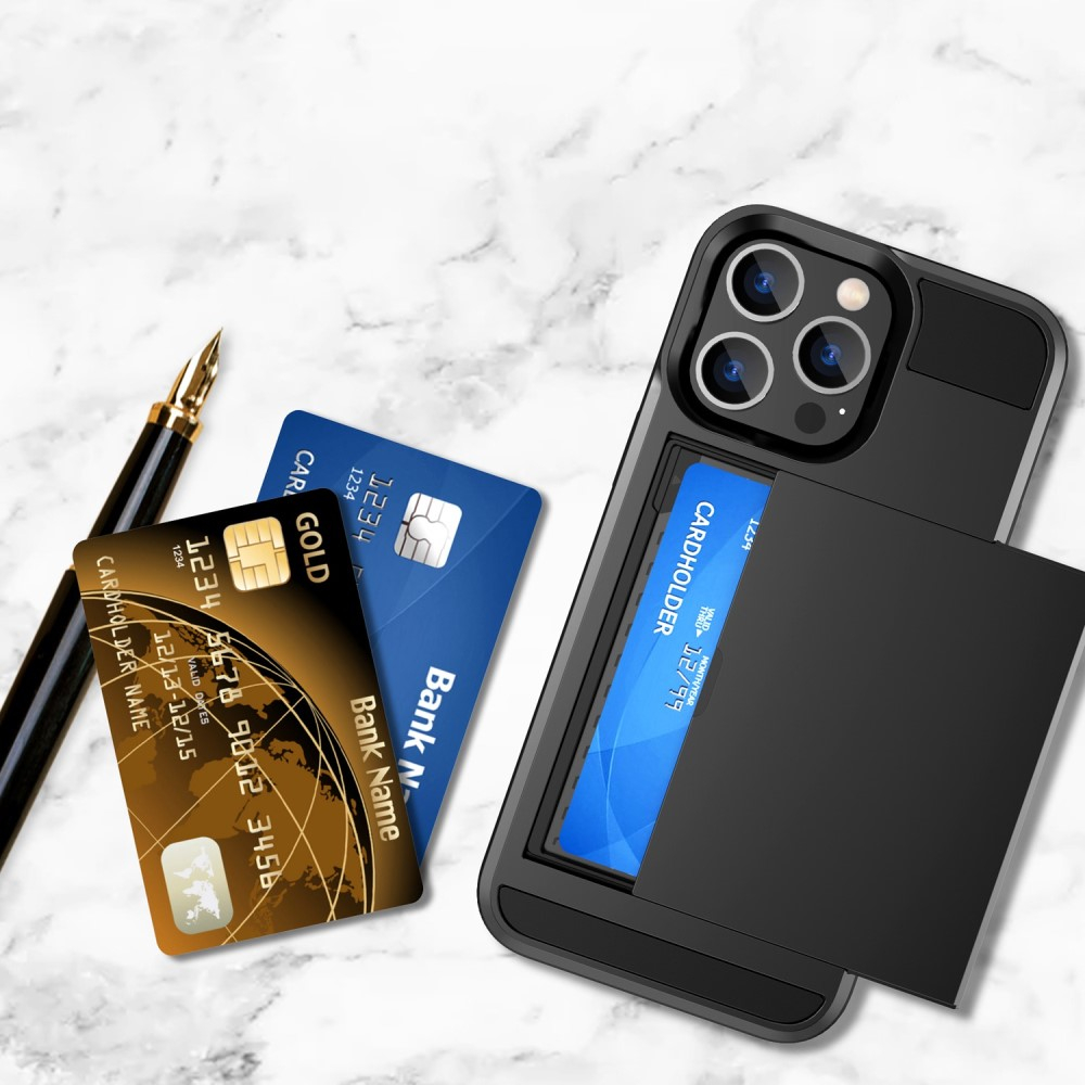 iPhone 14 Pro Hybrid Hardcase Hülle mit integriertem Karten Portemonnaie (aufschiebbar) - Schwarz