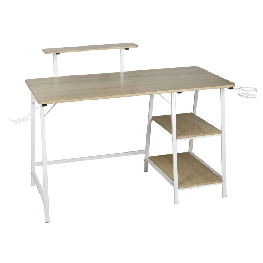 Bureau Troy en métal et bois blanc et naturel 118x61,5x73/92cm