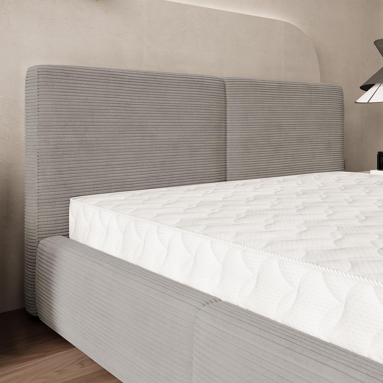 Masseno Polsterbett FELURO P 180x200 cm, Doppelbett, Bettkasten, Stauraum, Lattenrost Und Kopfteil - Hellgrau, POSO 55