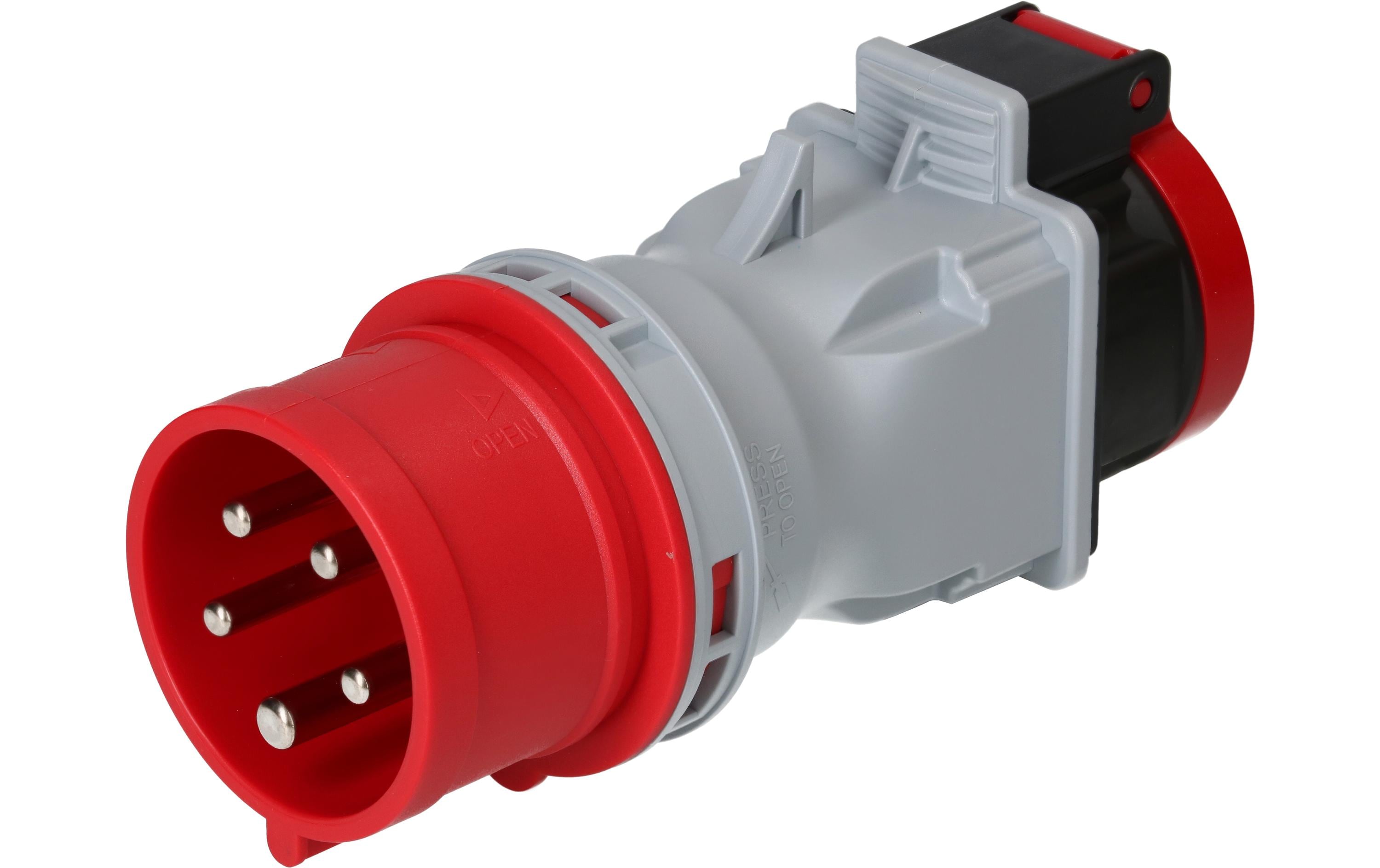 Adapterstecker CEE16/5 - T25, Rot/GrauAdapter CEE-Stecker IP44 auf Steckdose Typ 25 IP55 mit Klappdeckel