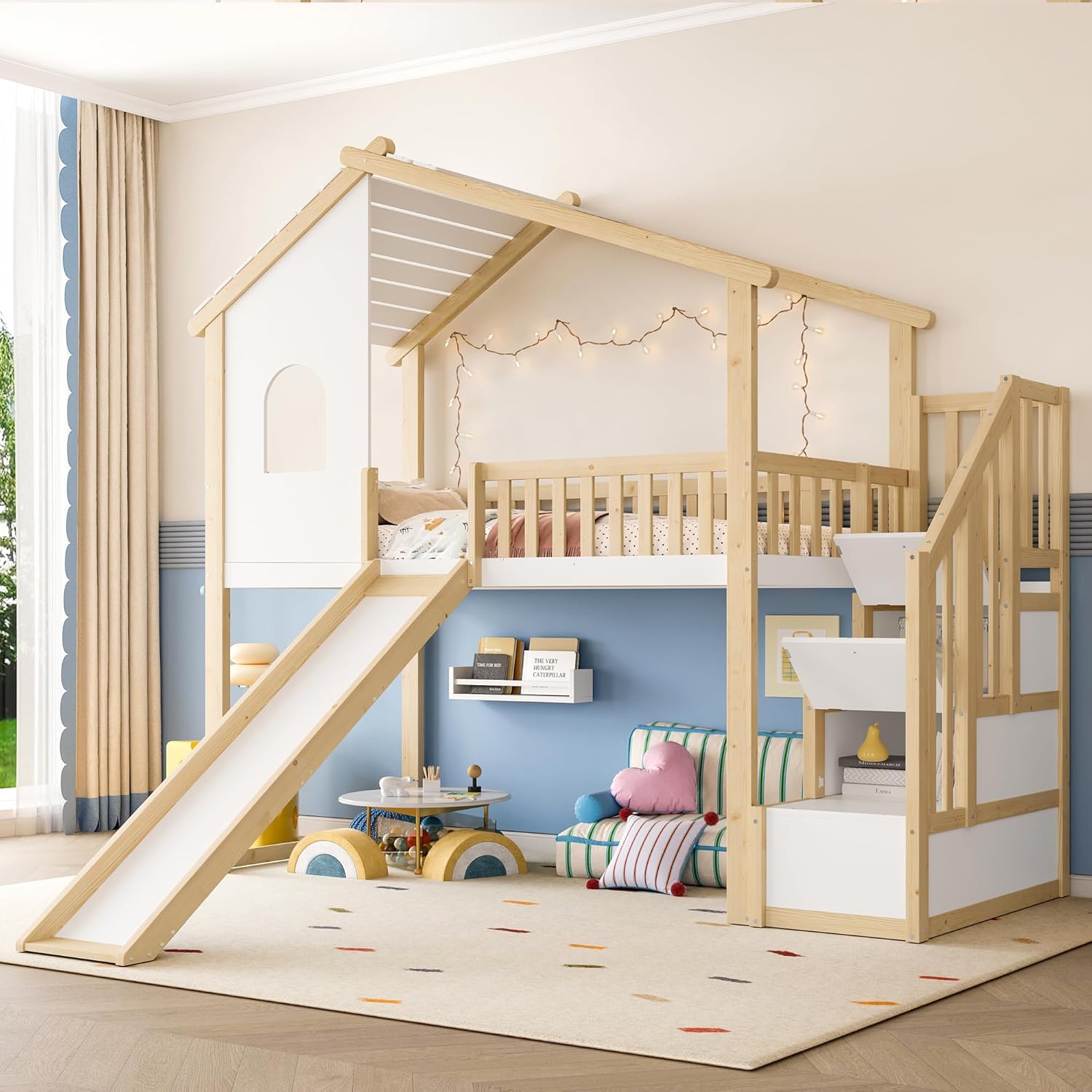 Merax Kinderbett 90x200 Hausbett Hochbett mit Rutsche, Dach&Fenster&Bettgitter, Treppe mit 2 Ablagefächern, Bett mit Lattenrost & Rausfallschutz, Ohne Matratze, Weiß+Natur