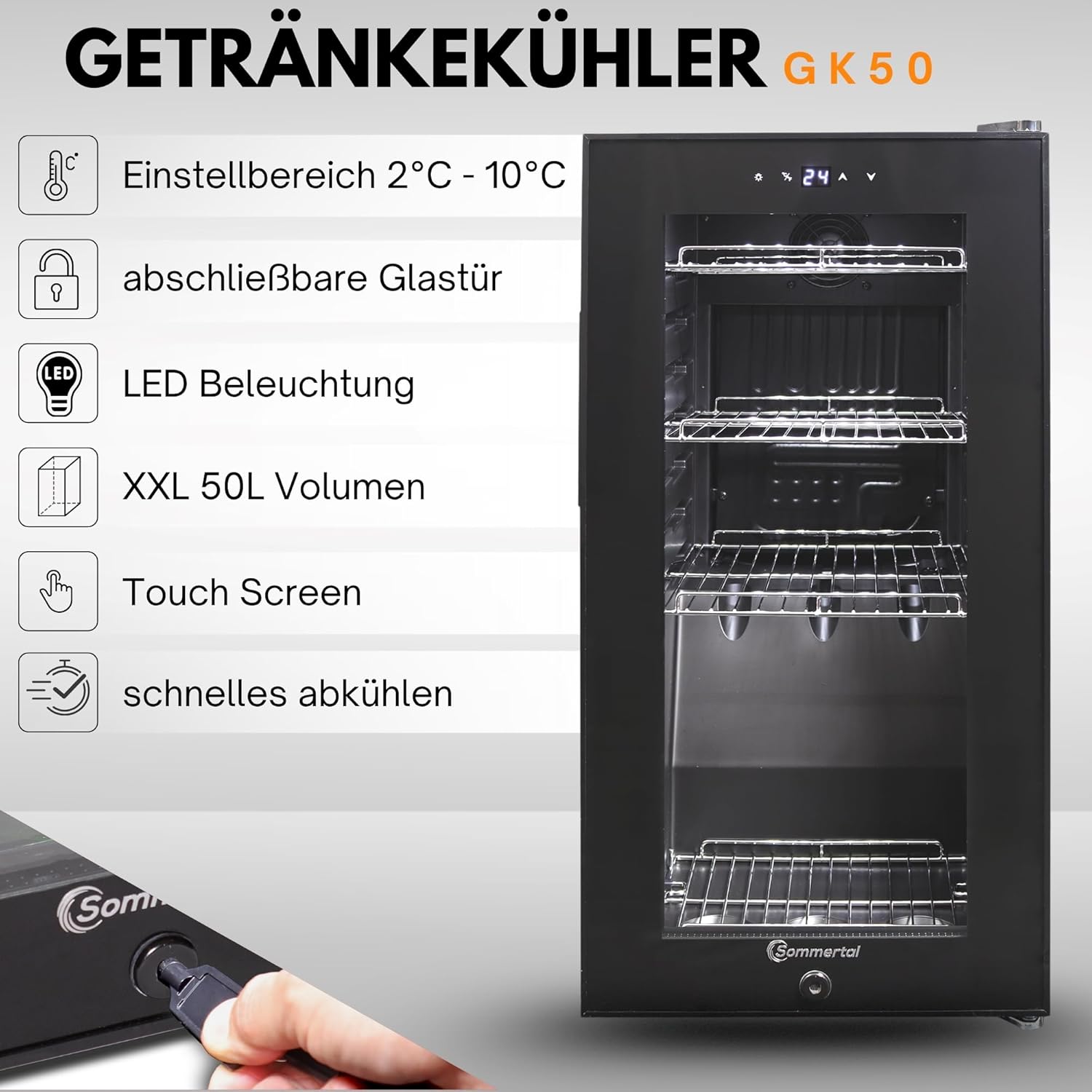 Kühlschrank mit Glastür GK50– Leiser Getränkekühlschrank mit LED, Touchscreen & Schloss kleiner Flaschenkühlschrank schwarz 50L