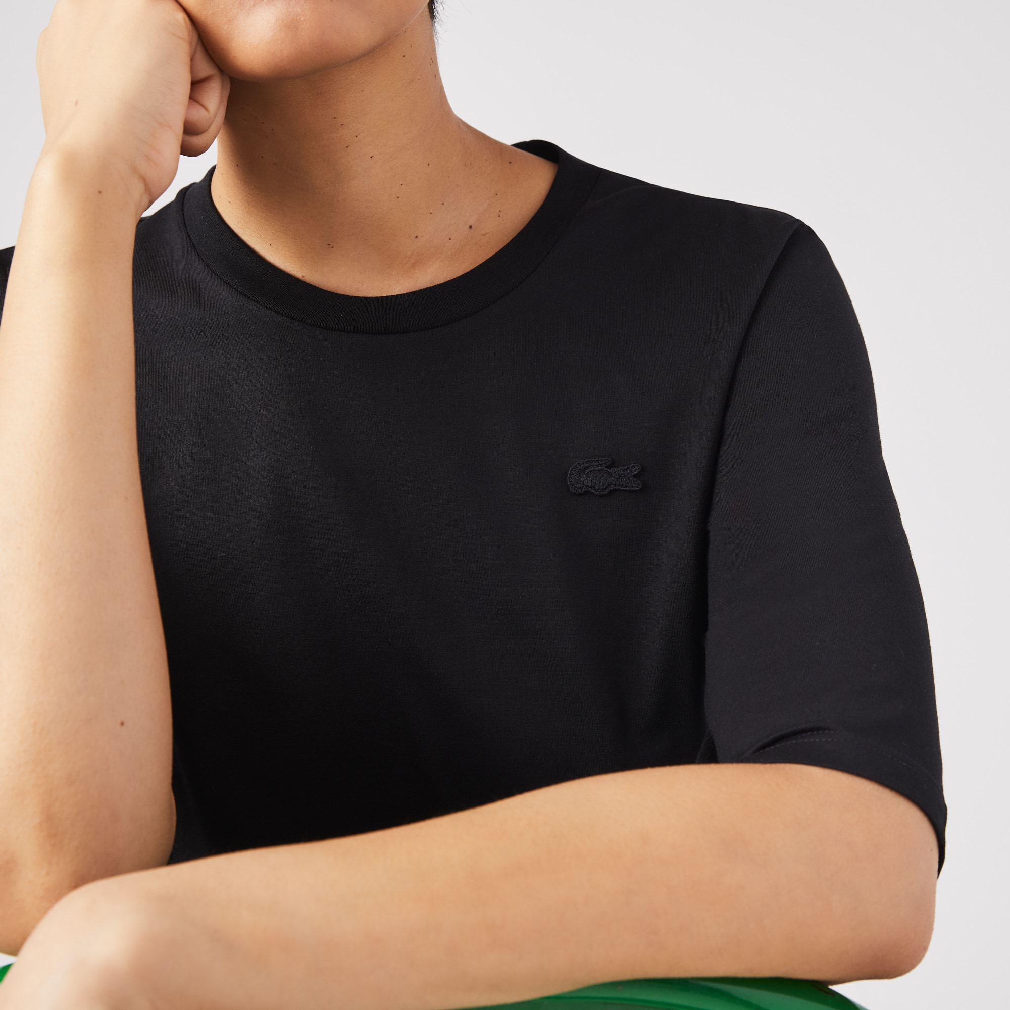 T-shirt à col rond et manches trois-quarts en coton uni T-Shirts - Noir - Lacoste - Femme