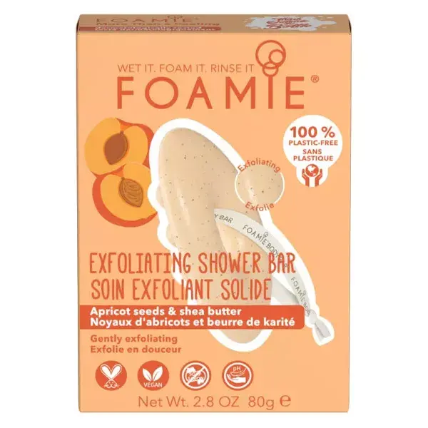 Esfoliante Corporal Sólido 2 em 1 Foamie com Óleo de Semente de Damasco e Manteiga de Karité 80g