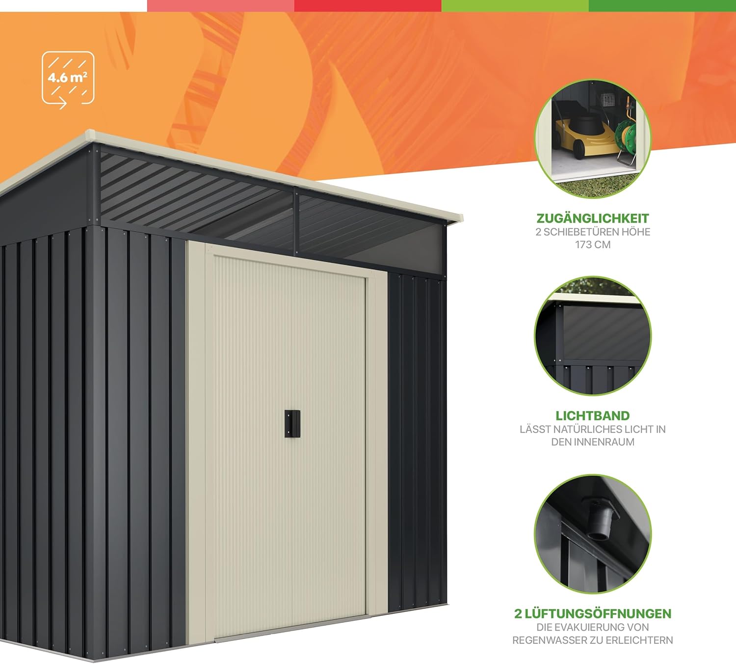 Wasabi - Gartenhaus Metall 4,6m2 Stark – 238 x 193 x 203cm - Oberlicht - Doppelte Schiebetür – Anthrazitgrau – Geräteschuppen XL – Gerätehaus Outdoor Wetterfest