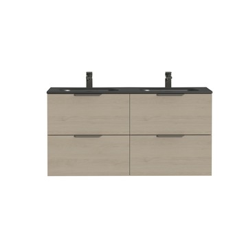 Tiger Studio badkamermeubel 120 cm naturel eiken met wastafel dubbel polybeton mat zwart greep rvs plat