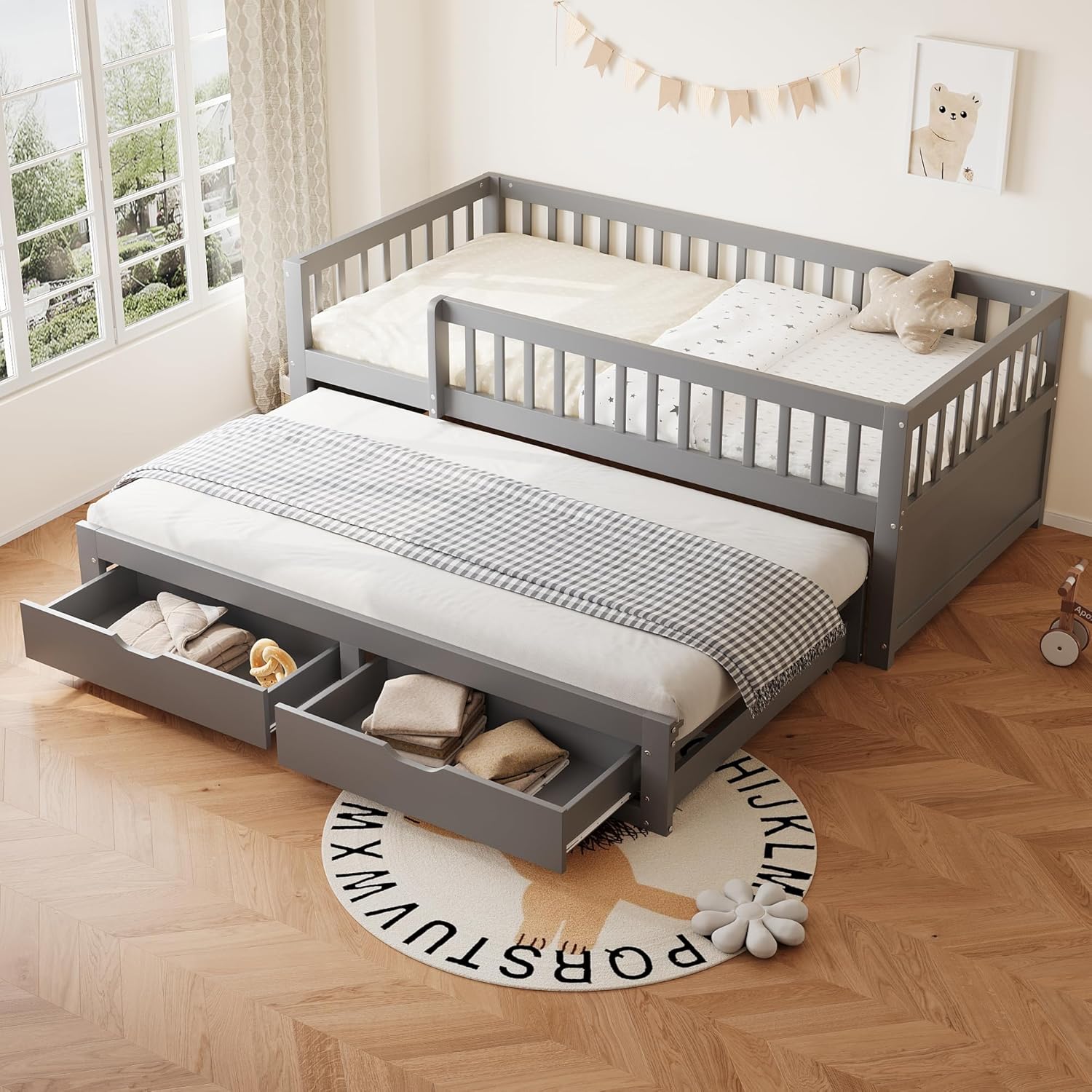 Merax Schlafsofa 90x200 cm, mit Ausziehbett & 2 Schubladen, Kinderbett mit Lattenrost, Jugendbett Gästebett platzsparend für kleine Räume, Grau (Ohne Matratze)