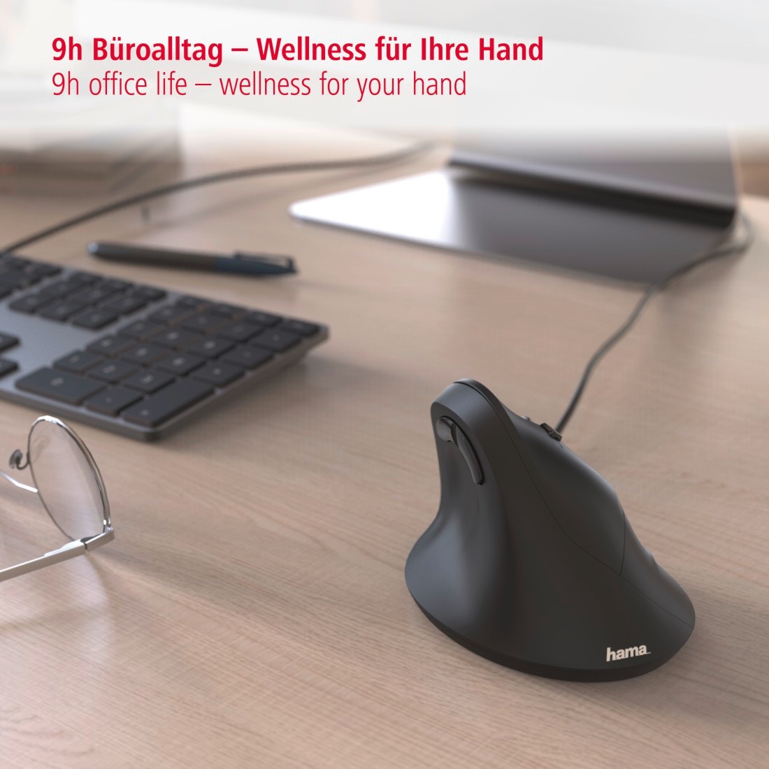 Hama ergonomische Maus »Ergonomische vertikale Maus für PC Laptop, mit Kabel, 1,8 m, Schwarz« USB | kabelgebunden Vorbeugung Tennisarm/Mausarm
