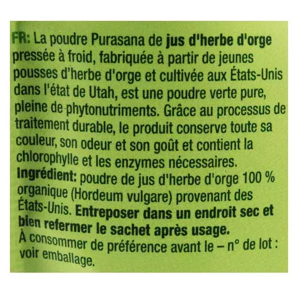 Suco de grama de cevada orgânica Purasana em pó 200g