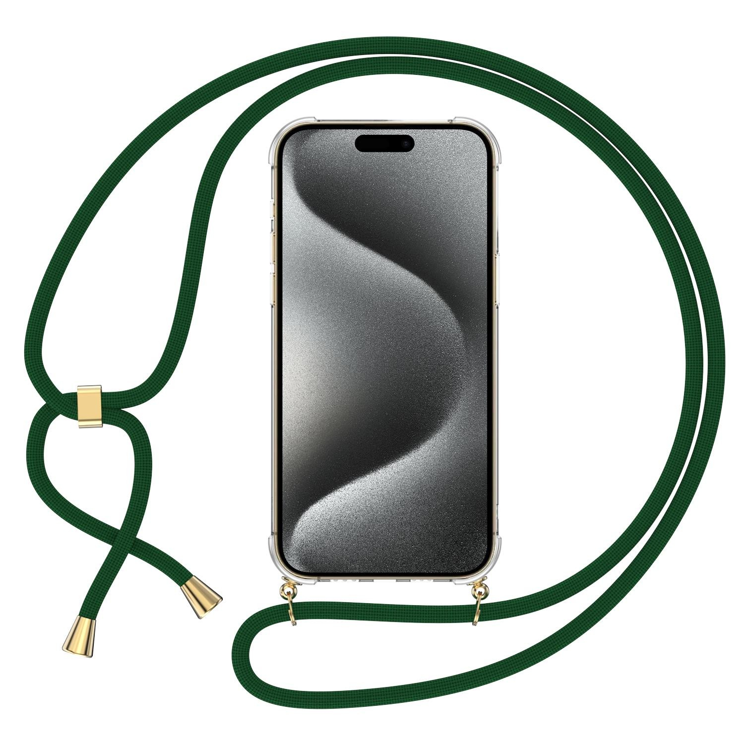 iPhone 16 Pro Necklace Gummi Hülle Air Cushion Fallschutz   Handykette (150cm) - Dunkelgrün / Gold