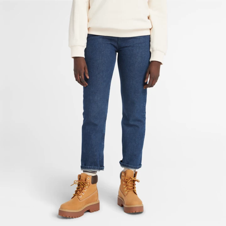 Calça jeans feminina de cintura alta em cânhamo azul escuro