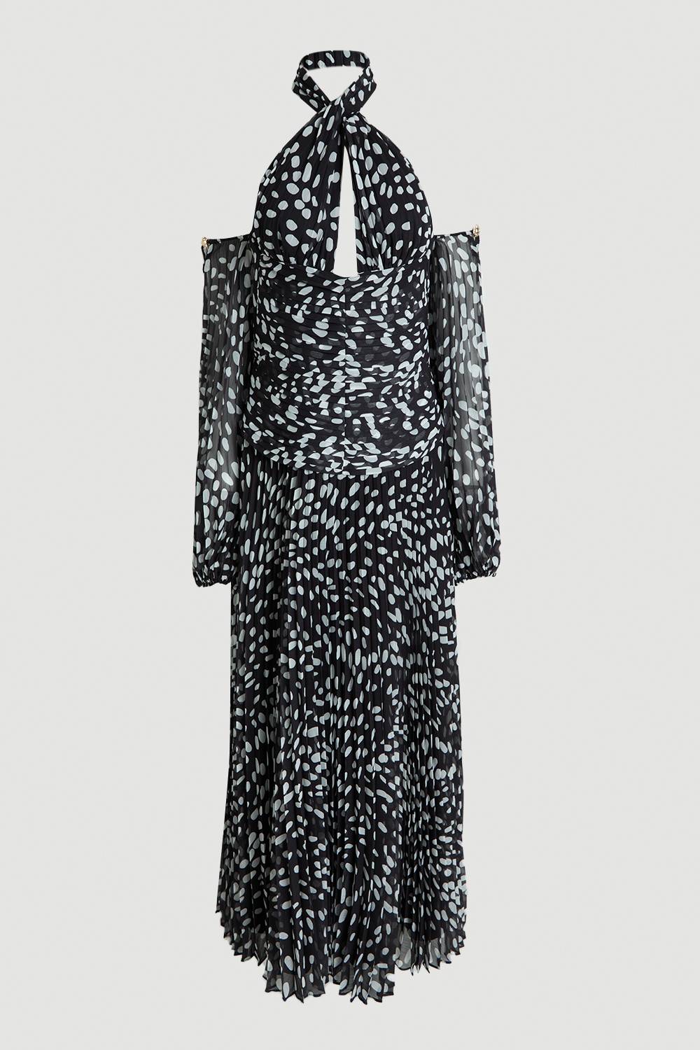 KarenMillen Robe Maxi En Georgette Tissée Froissée À Pois Avec Épaules Dénudées