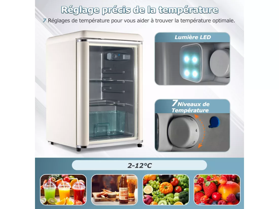 Mini Réfrigérateur 78L, avec porte en verre et LED, étagères réglables, 7 Niveau température 2-12℃, 82kWh/an, 47x47x70cm