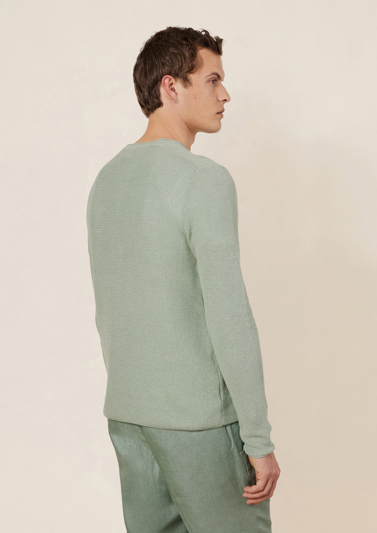 Pull col tunisien en coton et lin unis verts