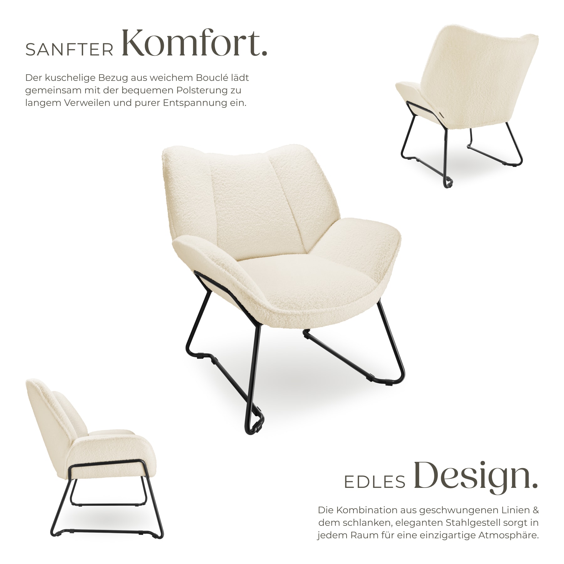 tectake® Sessel, gepolstert, mit Bouclé-Bezug, schlankes Stahlgestell mit Pulverbeschichtung, 73 x 72 x 81 cm