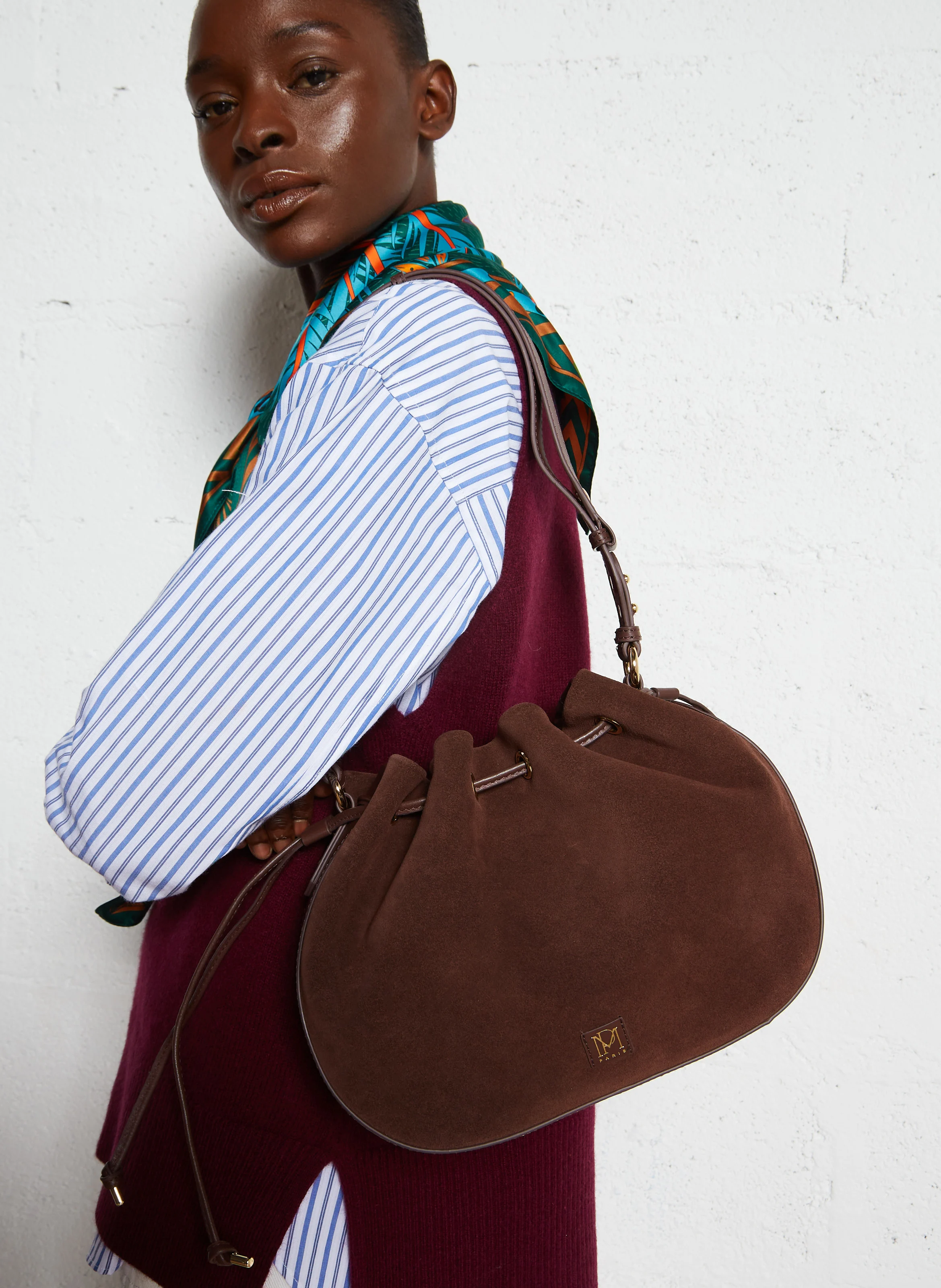 SAULINE - Sac en cuir velours | Marron