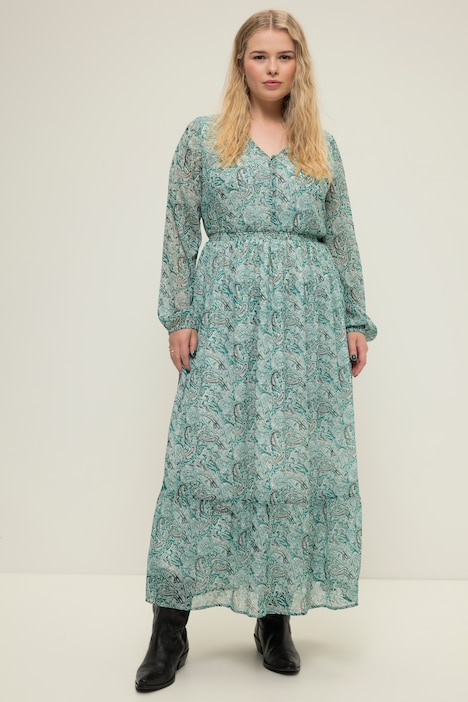 Maxikleid, A-Line, Paisley Print, V-Ausschnitt, elastische Taille, Langarm