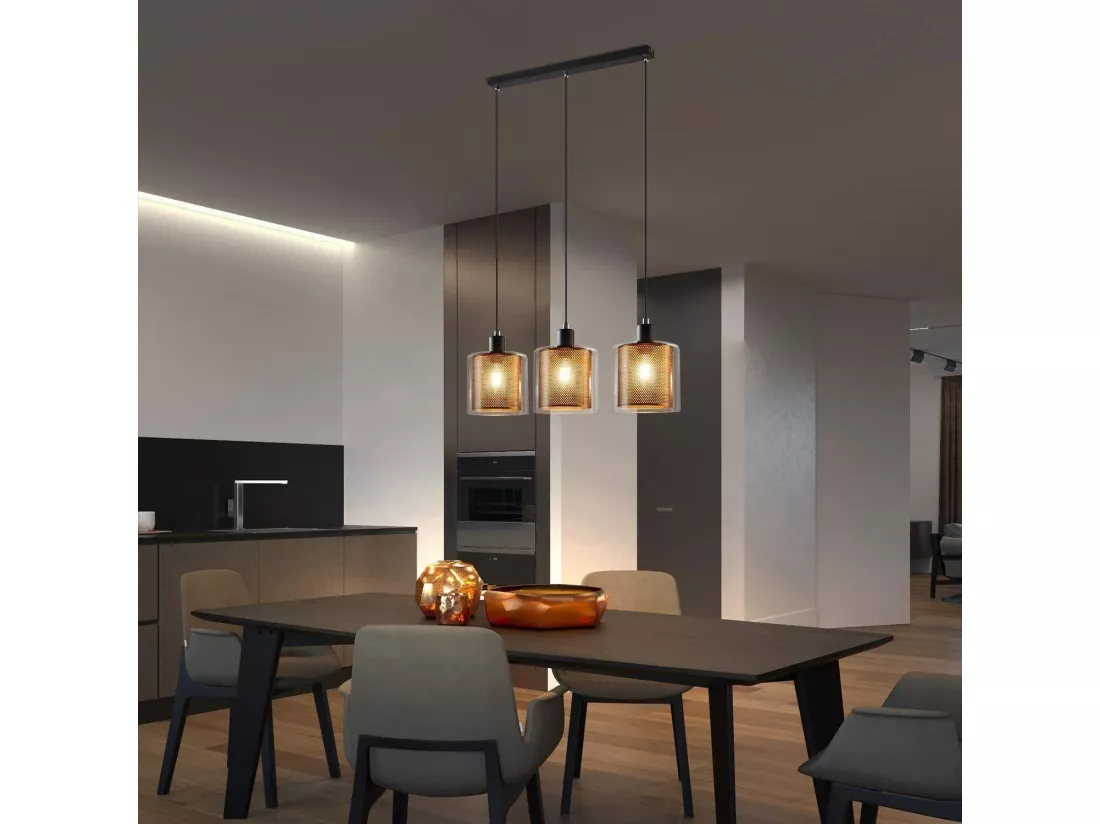 NETTLIFE Suspension métal noir doré E14 Diam.171,5 cm vintage industrielle verre 3 lampes pour salon, bureau, salle à manger