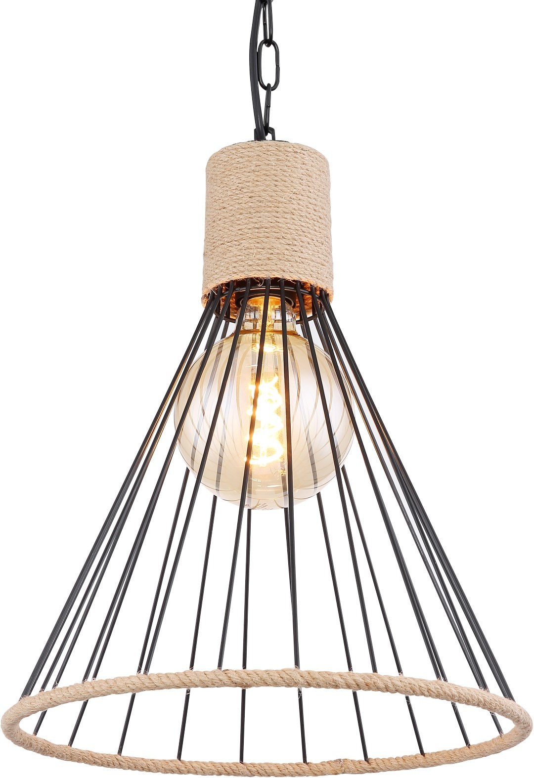 Pendelleuchte - schwarz matt-braun - Hanfseil - 140 cm