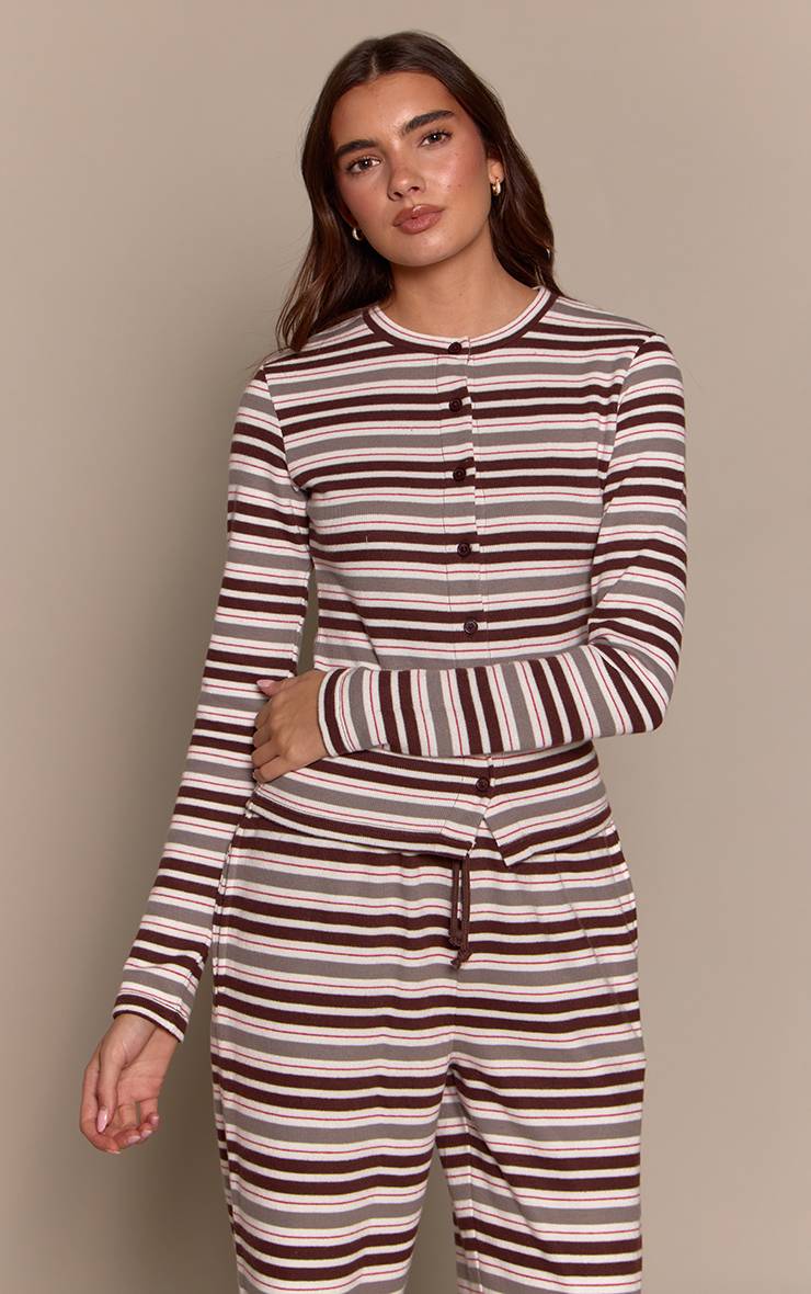 Marron Haut Boutonné À Rayures Toucher Doux