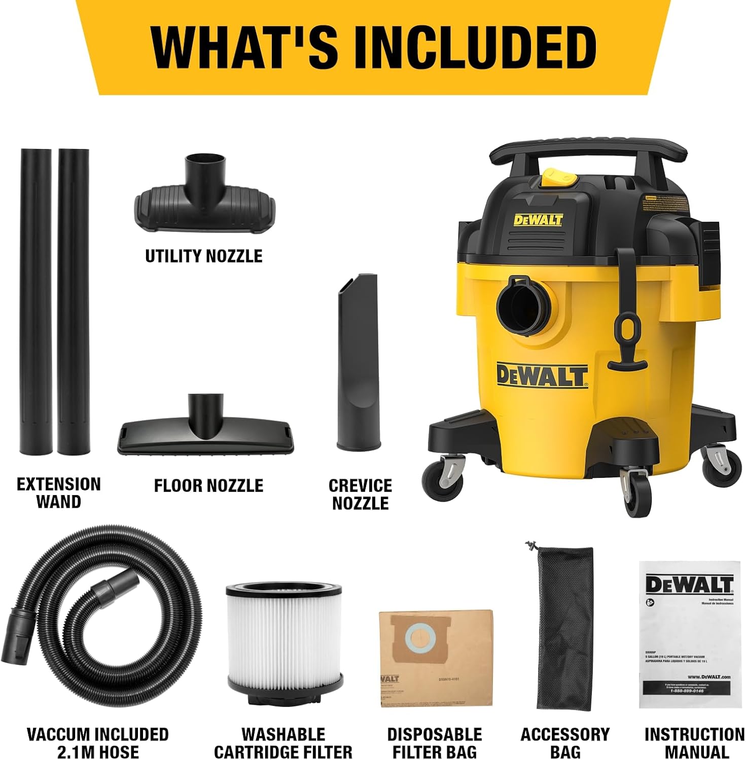DEWALT 20L Poly Nass-/Trockensauger, Mobiler Nass Trockensaug mit Universalrad, 3 IN 1 mit Blas- und Filterluftfunktion für Baustelle und Werkstatt, DXV20P