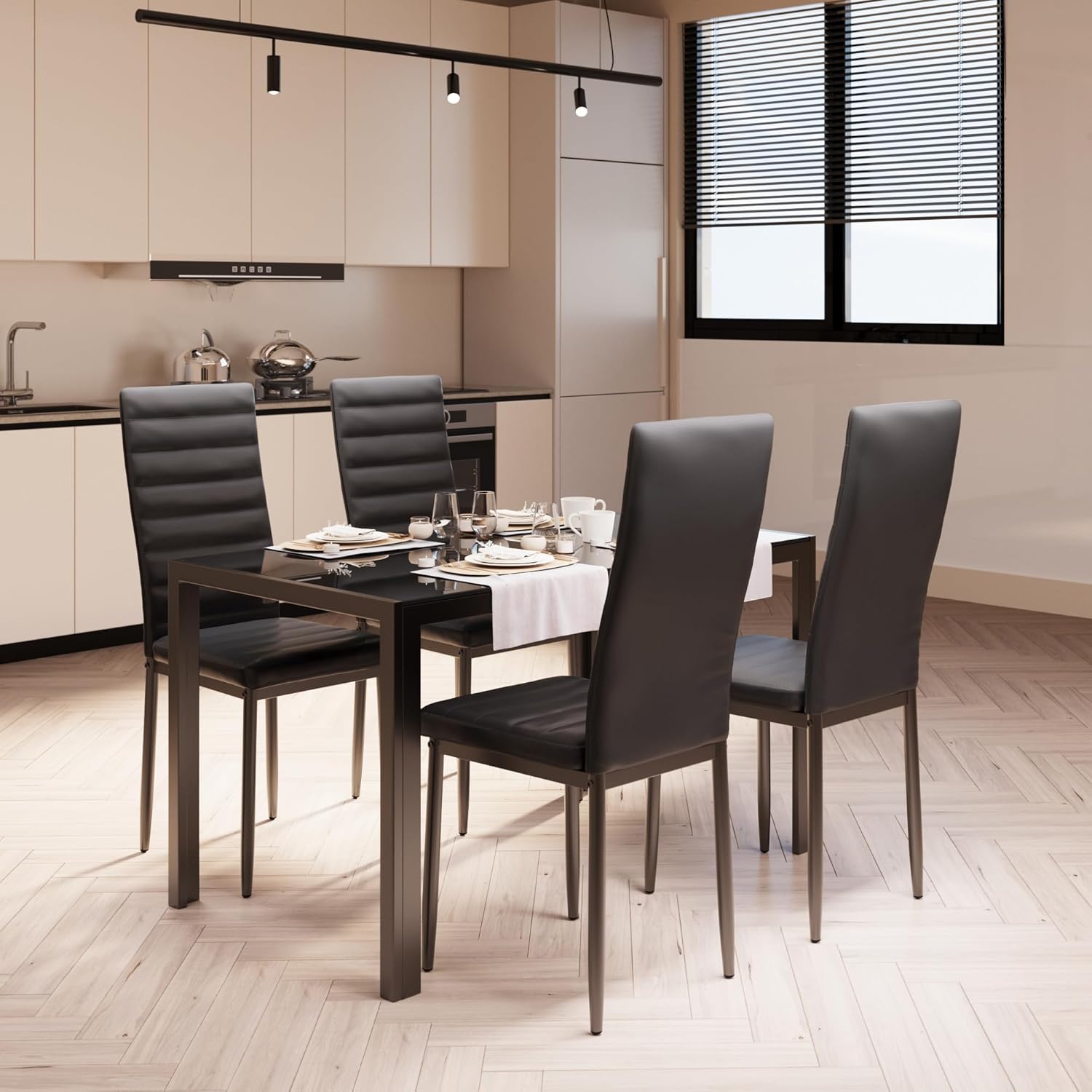 Bealife Esstisch mit 4 Stühlen Set, Esstisch und Stühle für 4 Personen, Esszimmer 6 Stühle und Tisch, Set mit Esstisch und Stühlen für Küche, Esszimmer und Wohnzimmer (Schwarz, 4stühle)