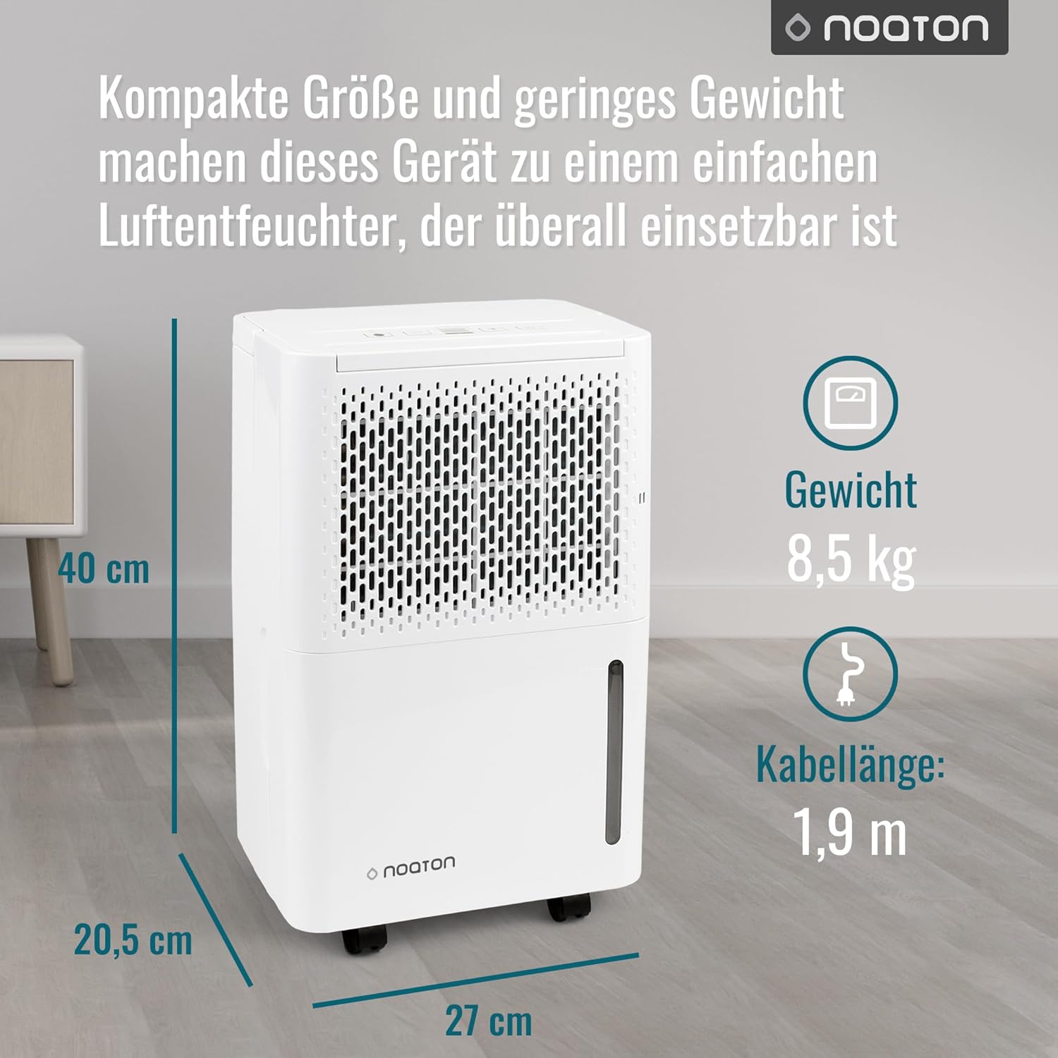 Déshumidificateur Noaton DF 4110, max 11.5L/24h, taille de la pièce env. 65 m³ (~25 m²), 230 W, réservoir d'eau de 2.1l, tuyau d'évacuation, minuterie, avec capteur d'humidité - Contre la moisissure