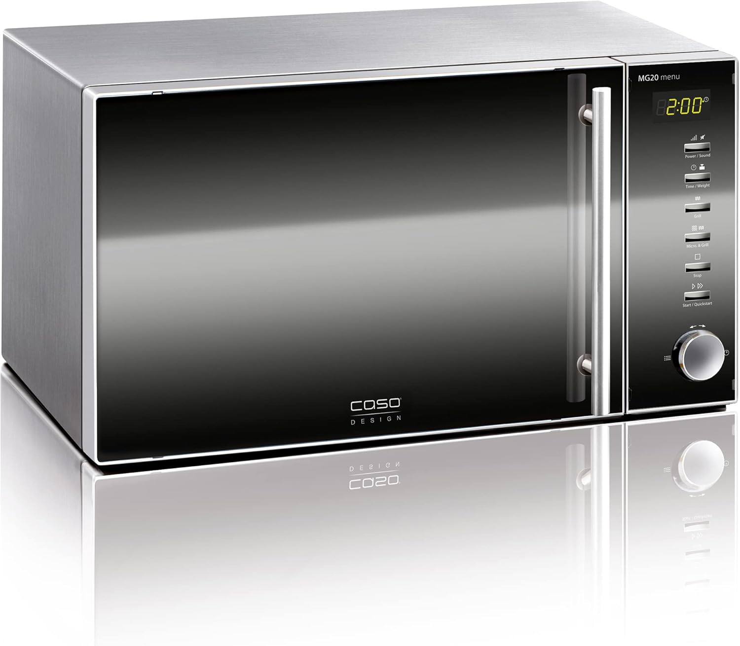Caso | MG20 menu 2-in-1 Mikrowelle mit Grill | 800 W, Grill 1000W, 2 Kombiprogramme + 14 Koch-Programme, Design Edelstahl und verspiegelt ,20L,Edelstahl